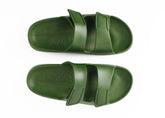 Pair of green slides with a brand logo on a white background