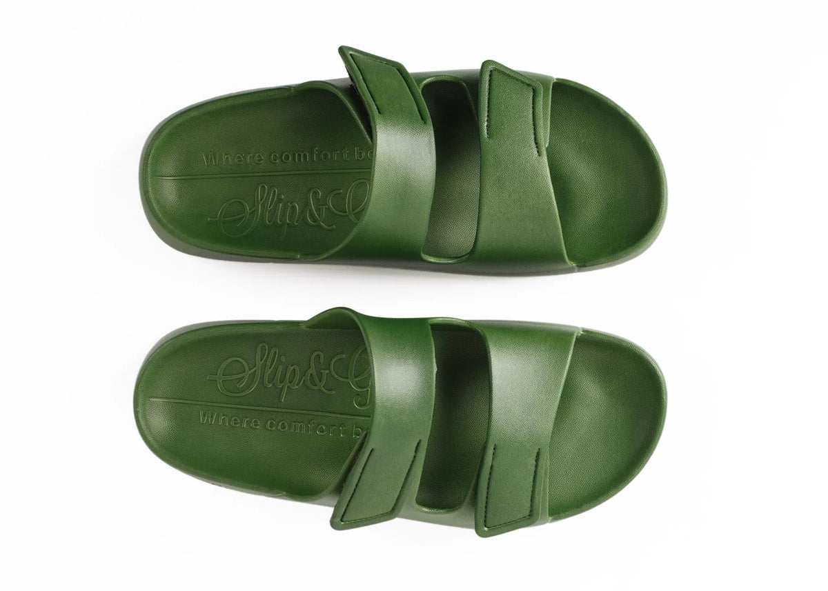 Pair of green slides with a brand logo on a white background