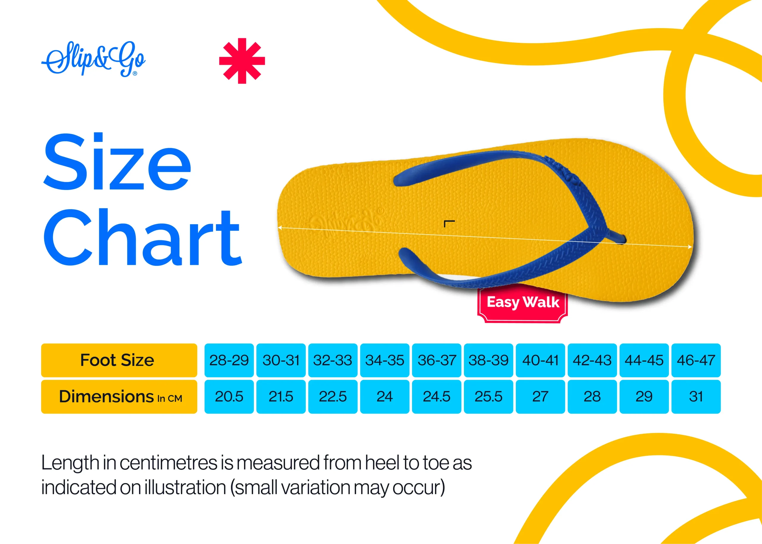 Flip-flop size chart with yellow sandal and blue strap on a white background