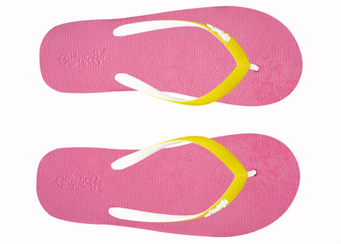 Pink flip-flops with yellow straps on a white background