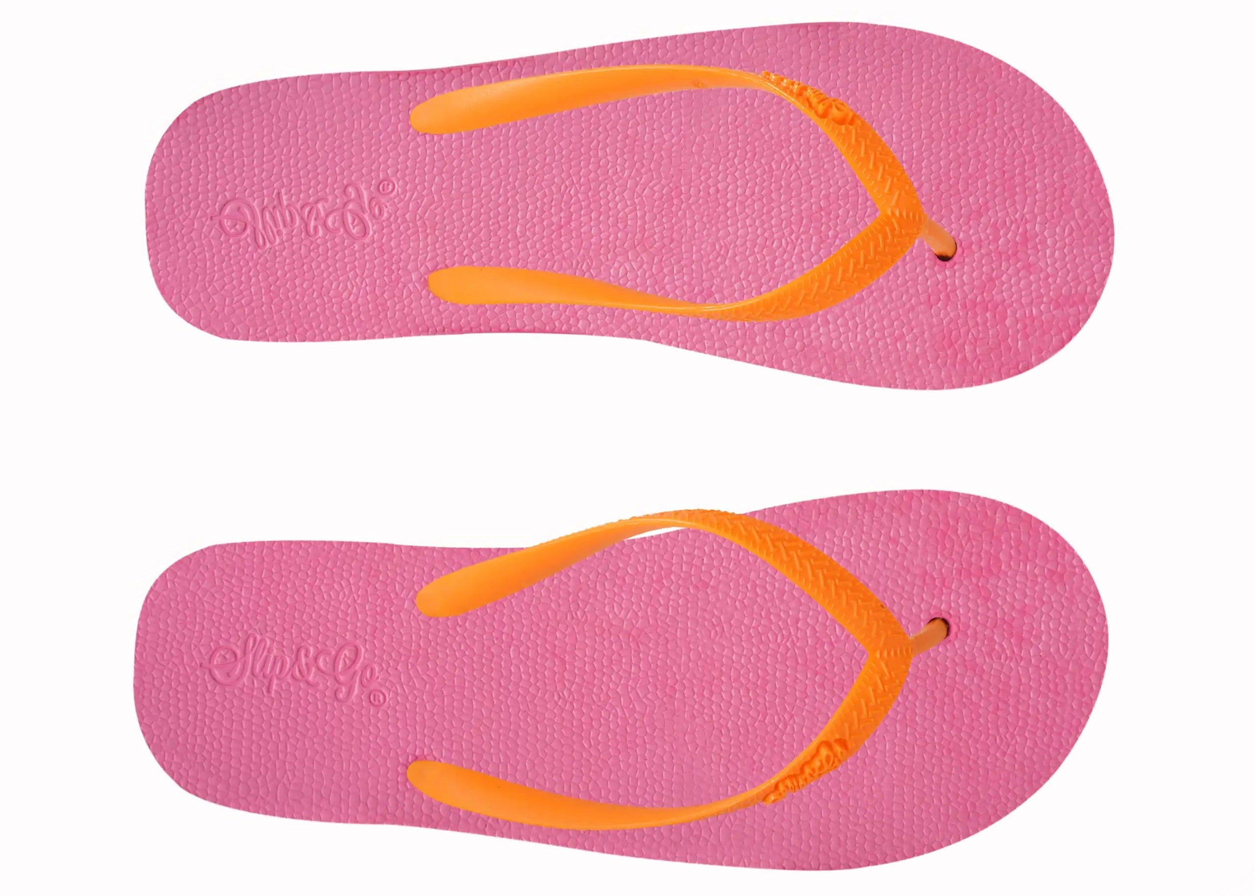 Pair of pink flip-flops with orange straps on a white background