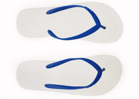 Pair of white flip-flops with blue straps on a white background