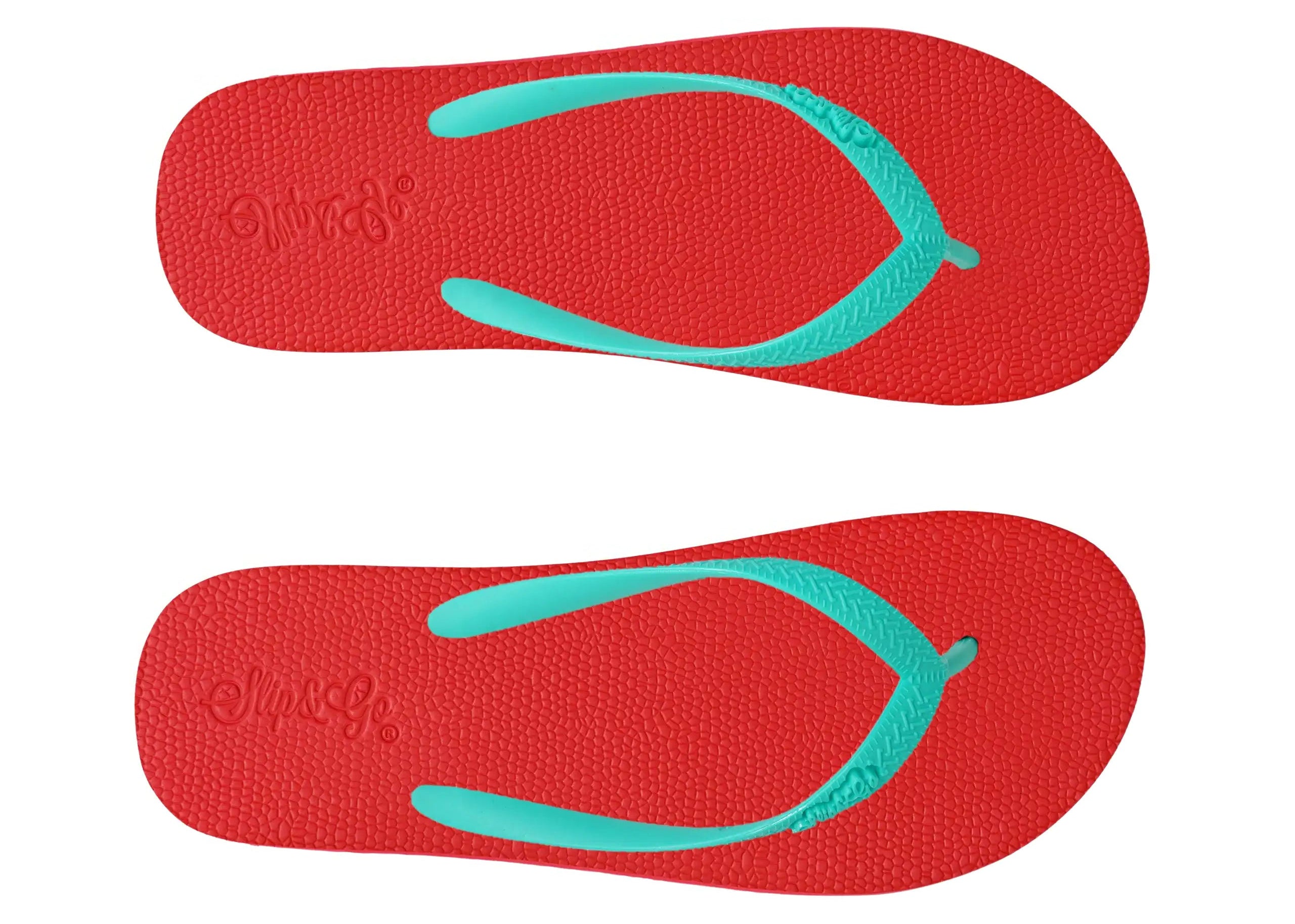 Red flip-flops with turquoise straps on a white background