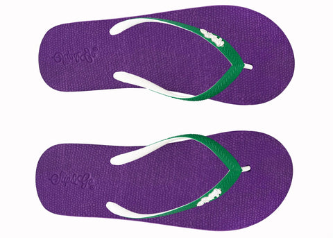 Purple flip-flops with green and white straps on a white background