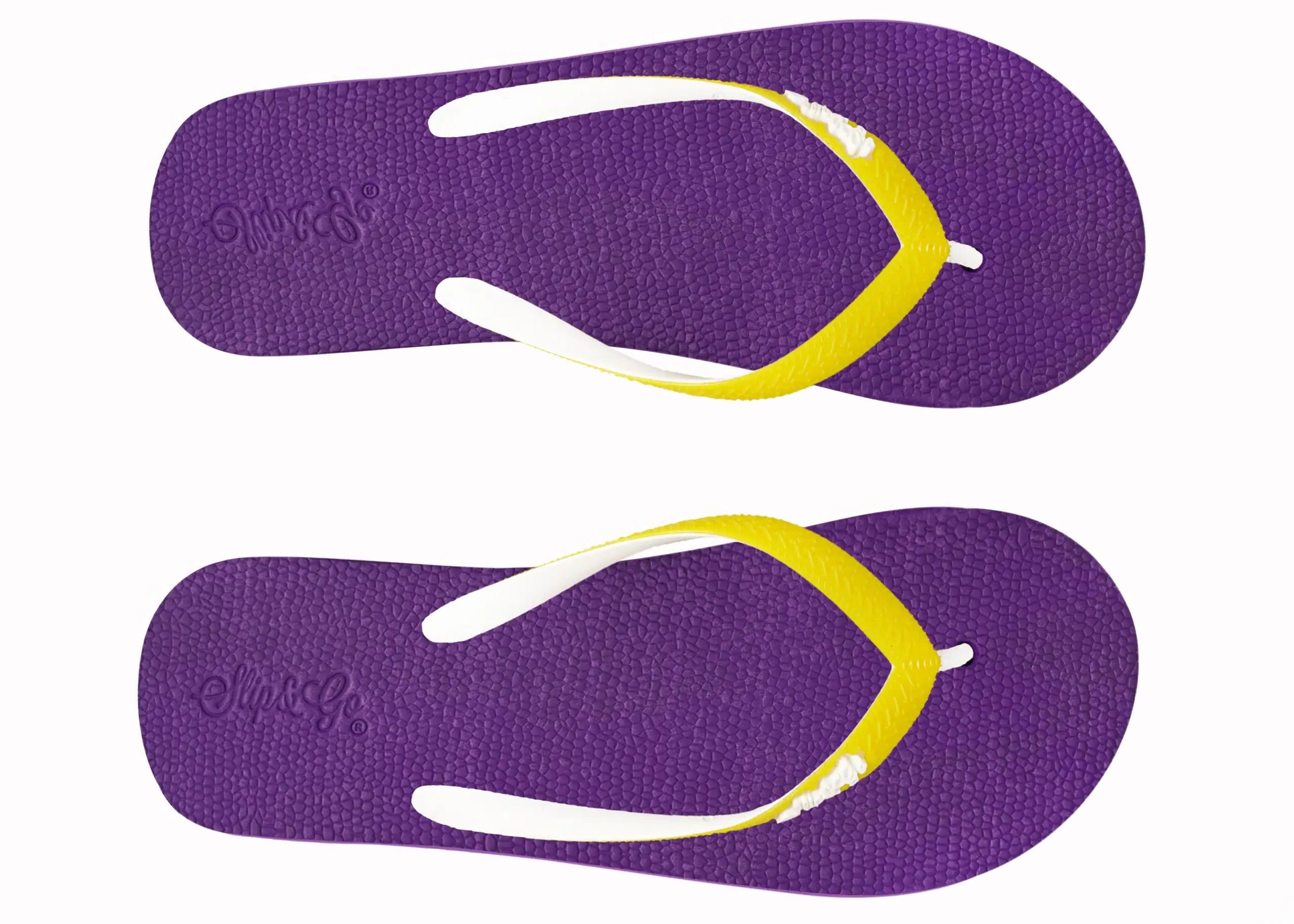 Purple flip-flops with yellow straps on a white background