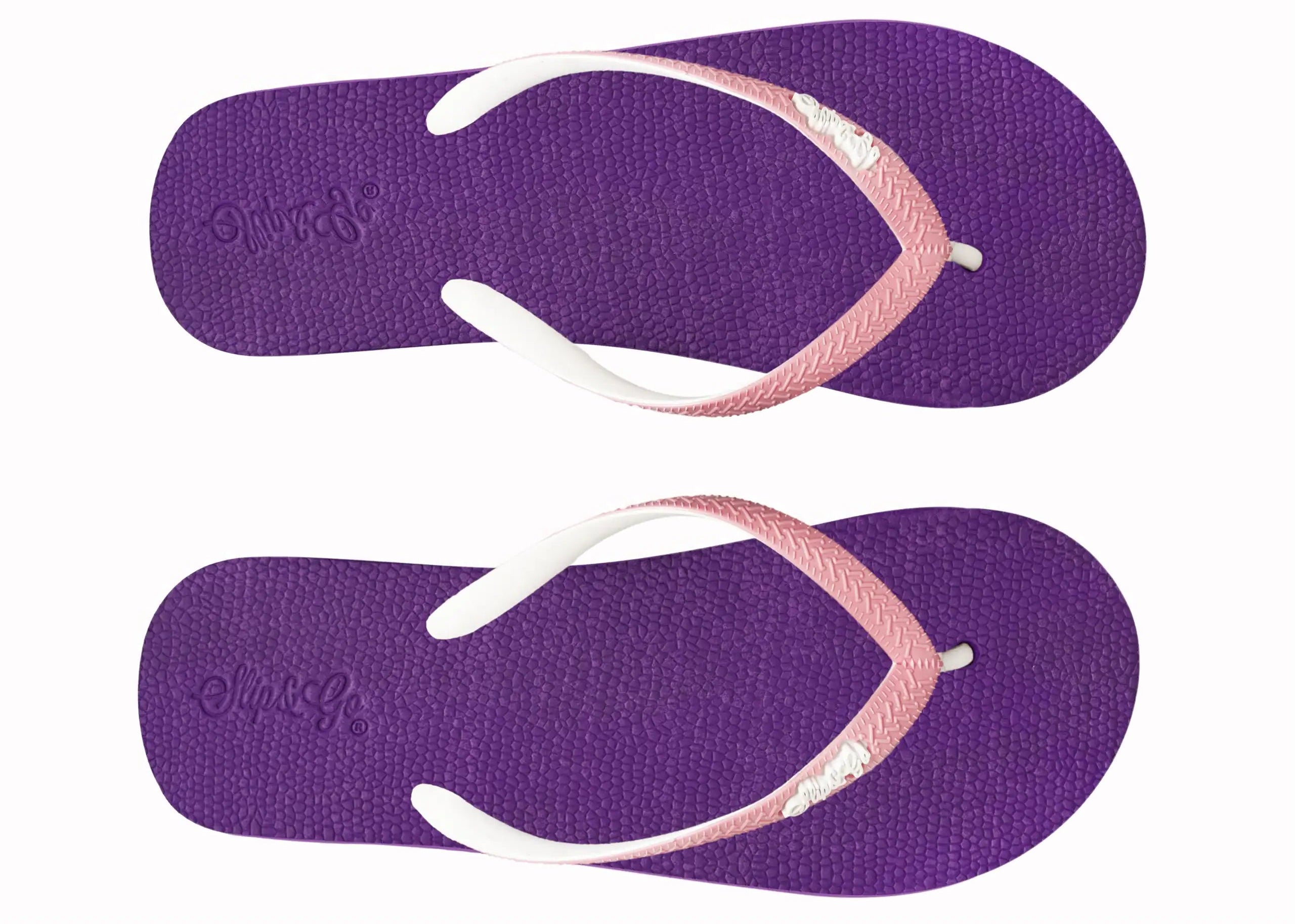 Purple flip-flops with pink and white straps on a white background