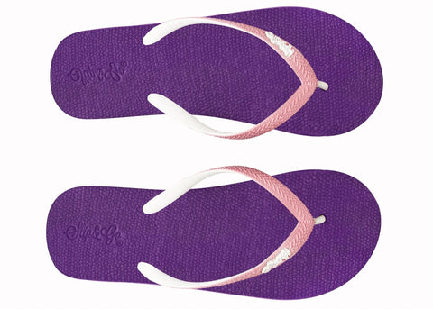Purple flip-flops with pink and white straps on a white background