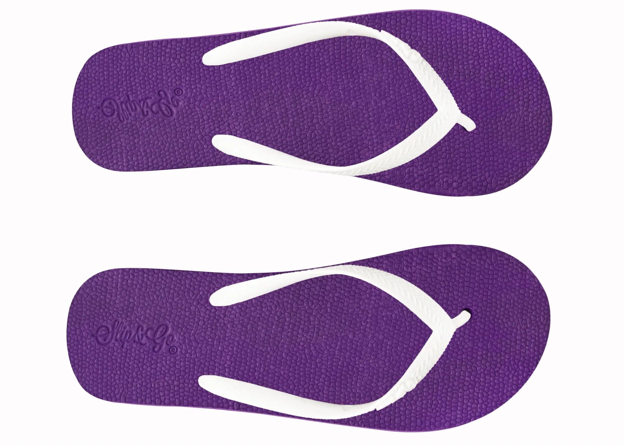 Purple flip-flops with white soles on a white background