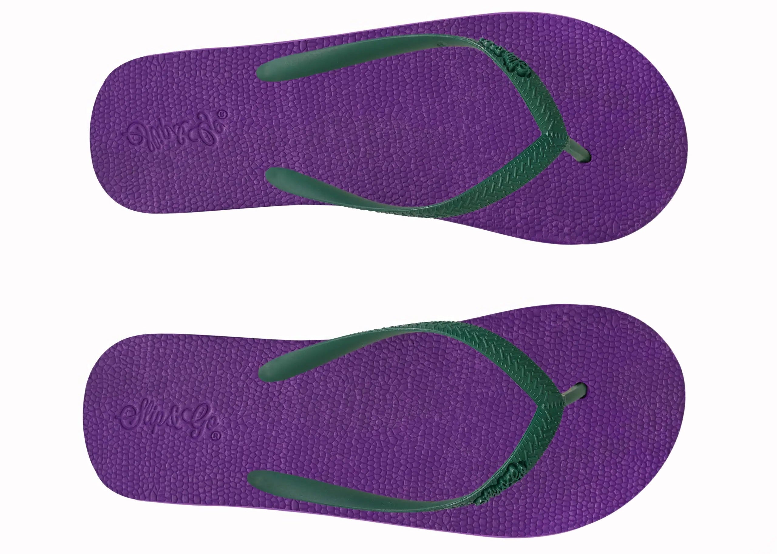 Purple flip-flops with green straps on a white background