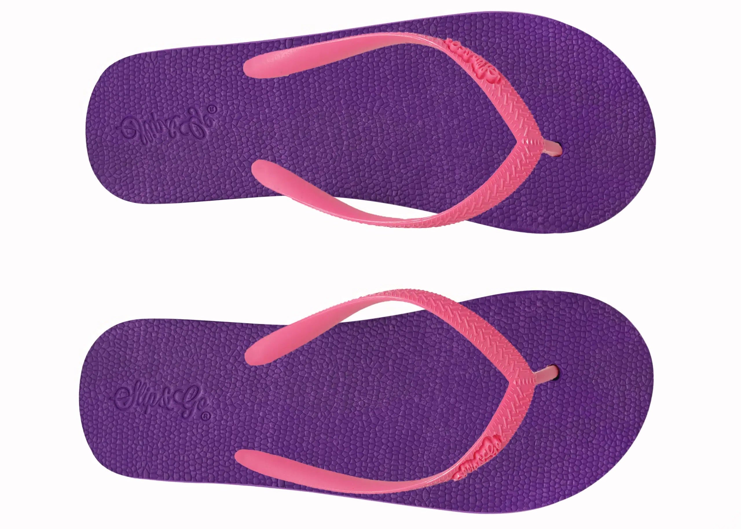 Purple and pink flip-flops with a visible brand logo on a white background