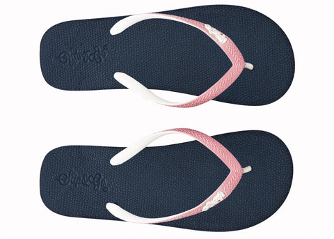 Pair of navy blue flip-flops with pink and white straps on a white background