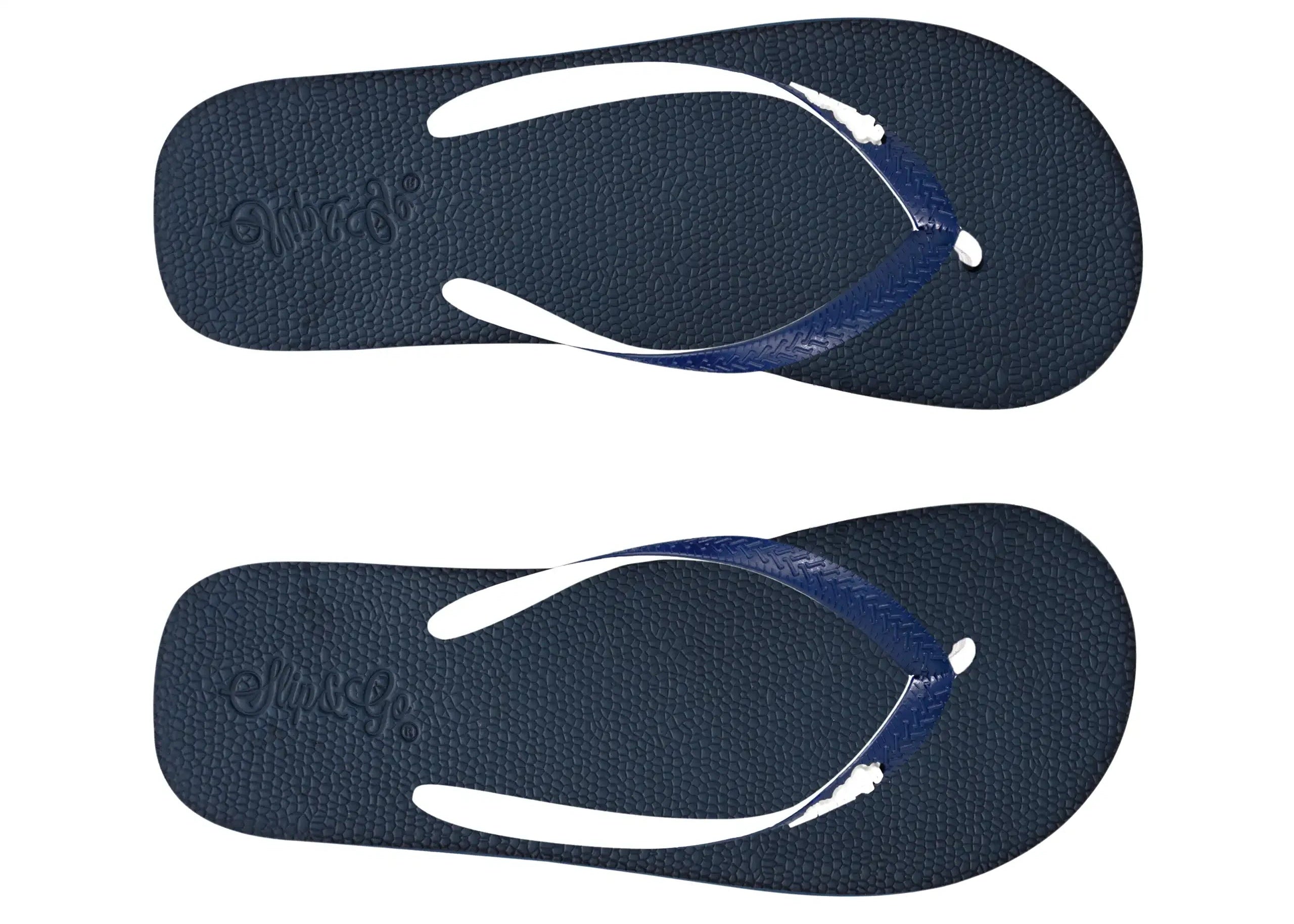 Pair of navy blue flip-flops with white straps on a white background