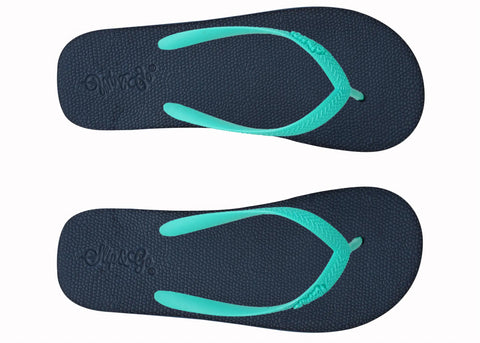 Pair of black and teal flip-flops on a white background