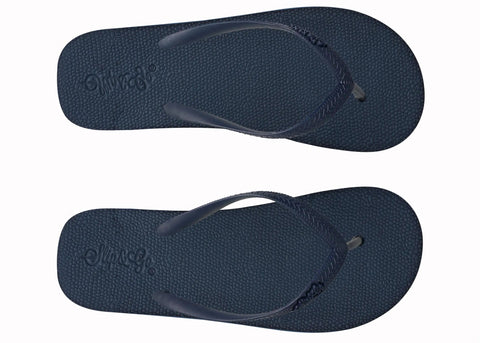 Pair of navy blue flip-flops on a white background