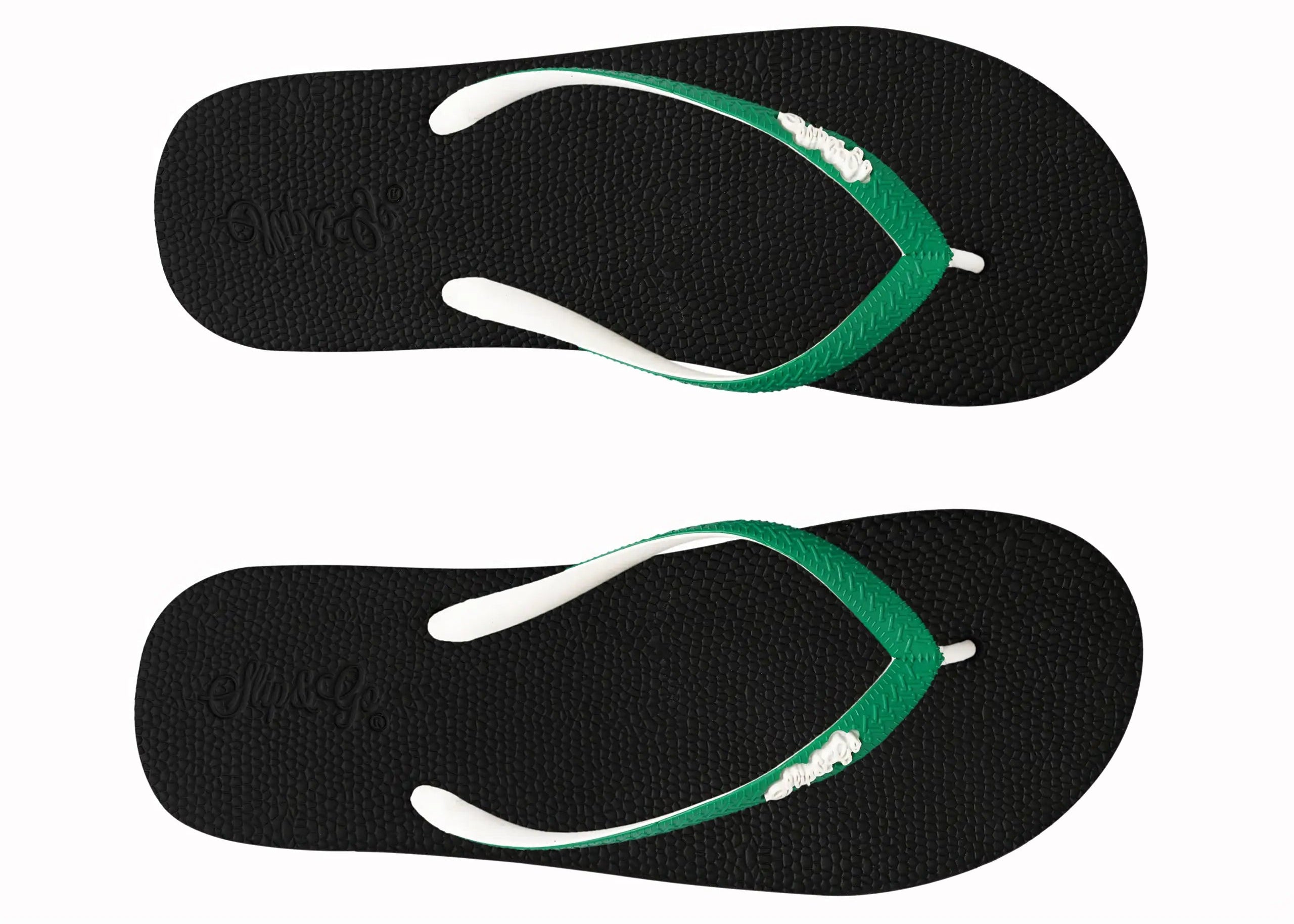 Two black flip-flops with green straps on a white background