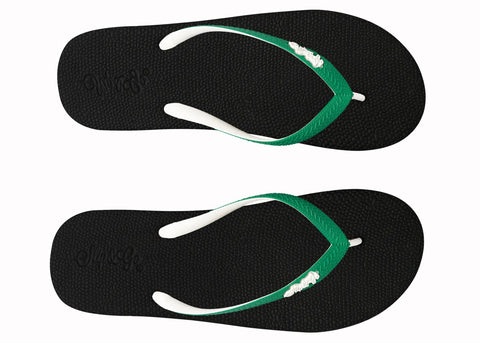 Two black flip-flops with green straps on a white background