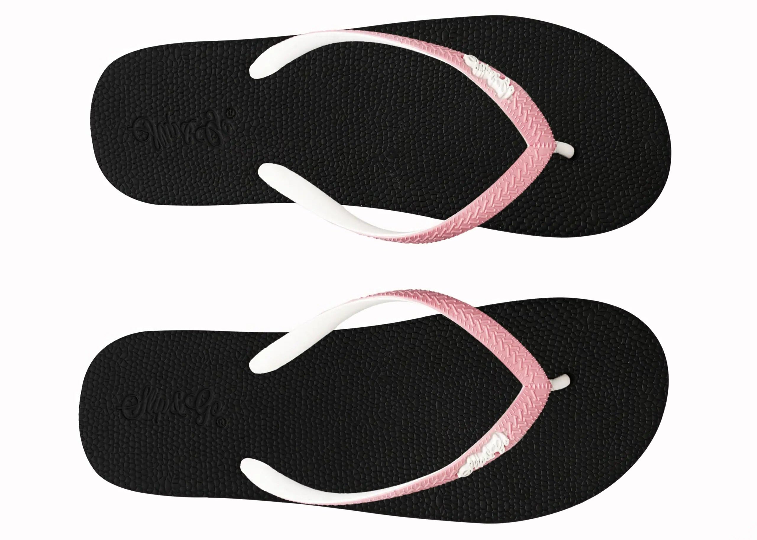 Black flip-flops with pink and white straps on a white background
