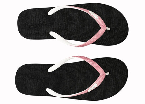 Black flip-flops with pink and white straps on a white background