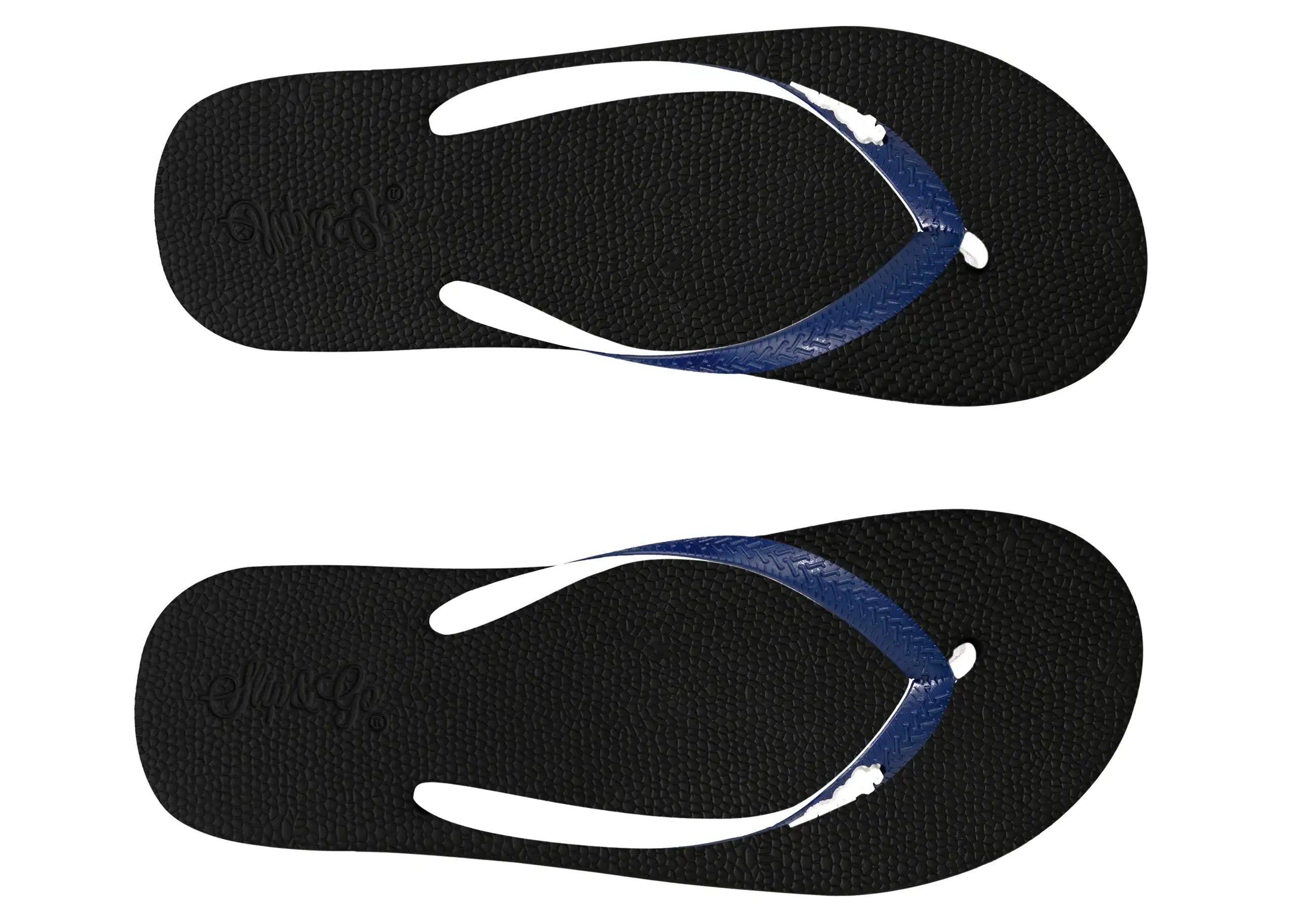 Black flip-flops with blue straps on a white background