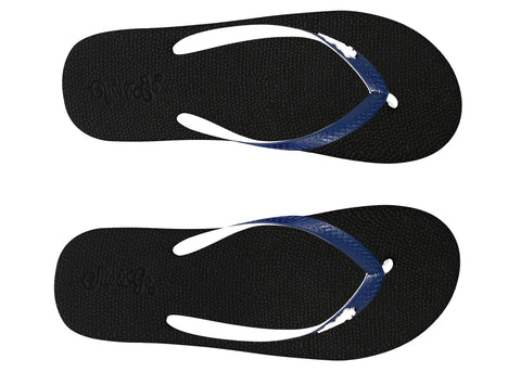 Black flip-flops with blue straps on a white background
