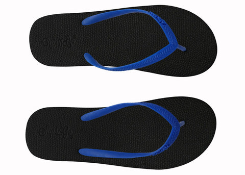 Black flip-flops with blue straps on a white background