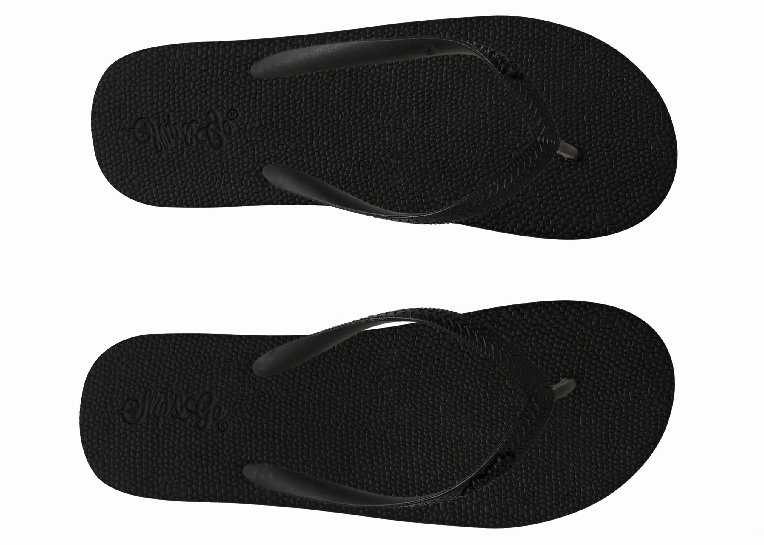 Two black flip-flops with a brand logo on a white background