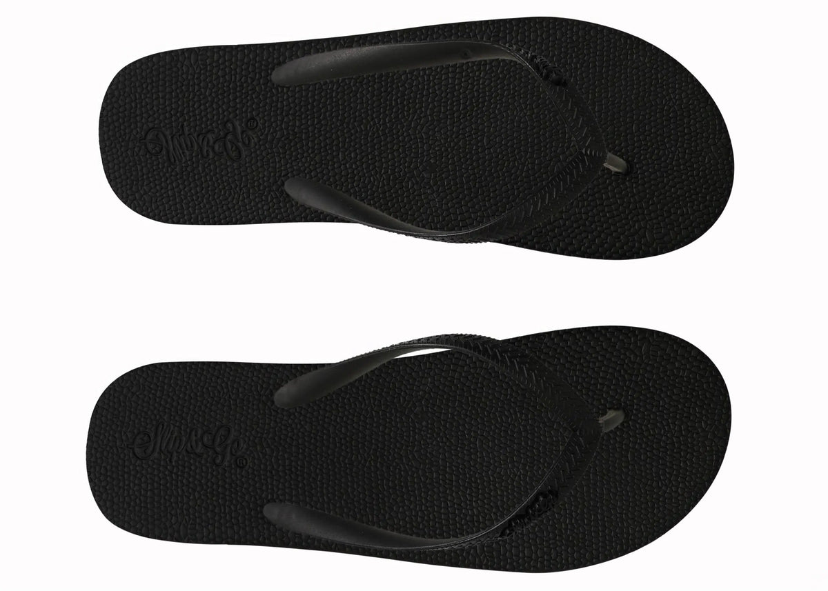 Two black flip-flops with a brand logo on a white background