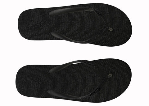 Two black flip-flops with a brand logo on a white background