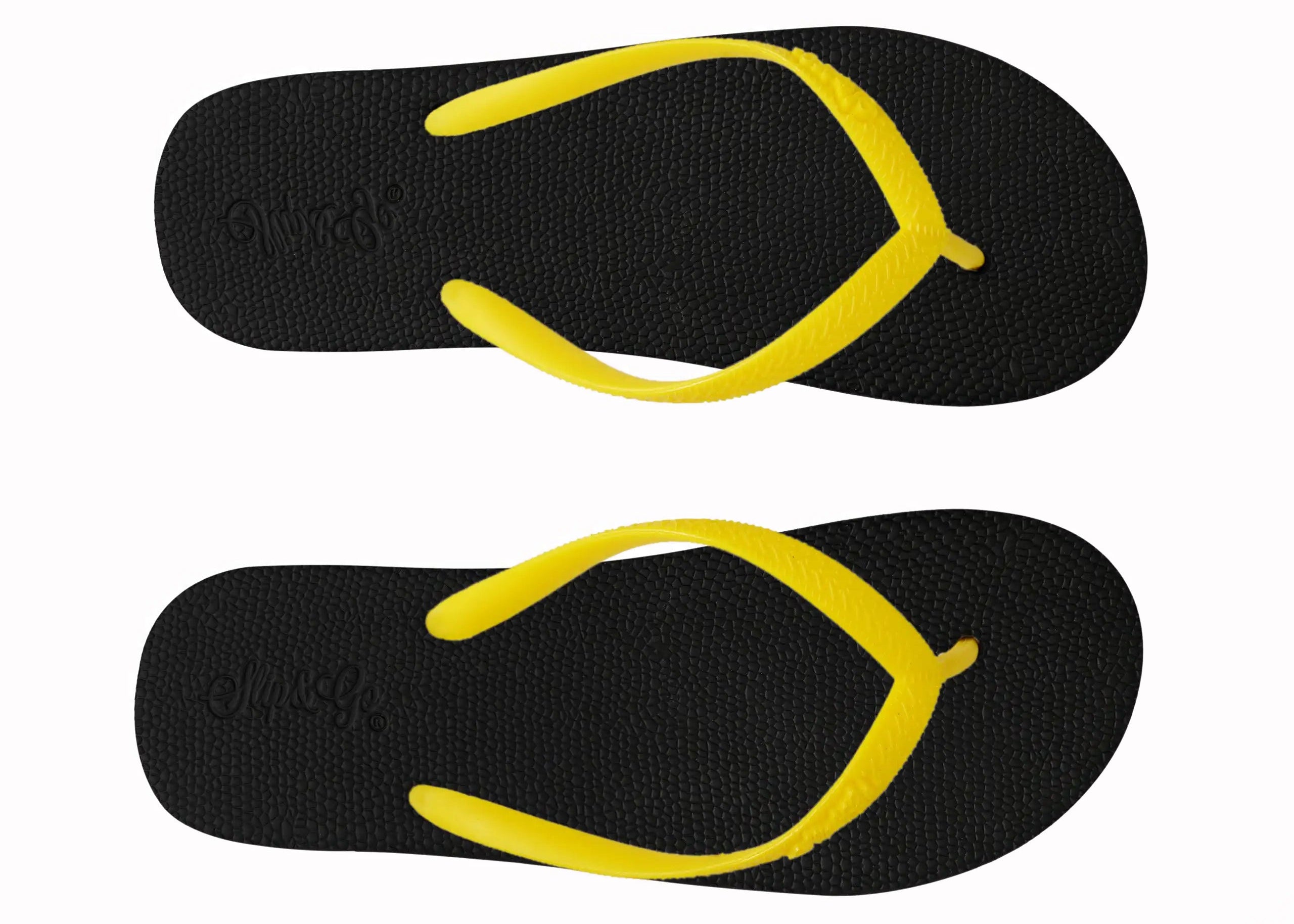 Black flip-flops with yellow straps on a white background