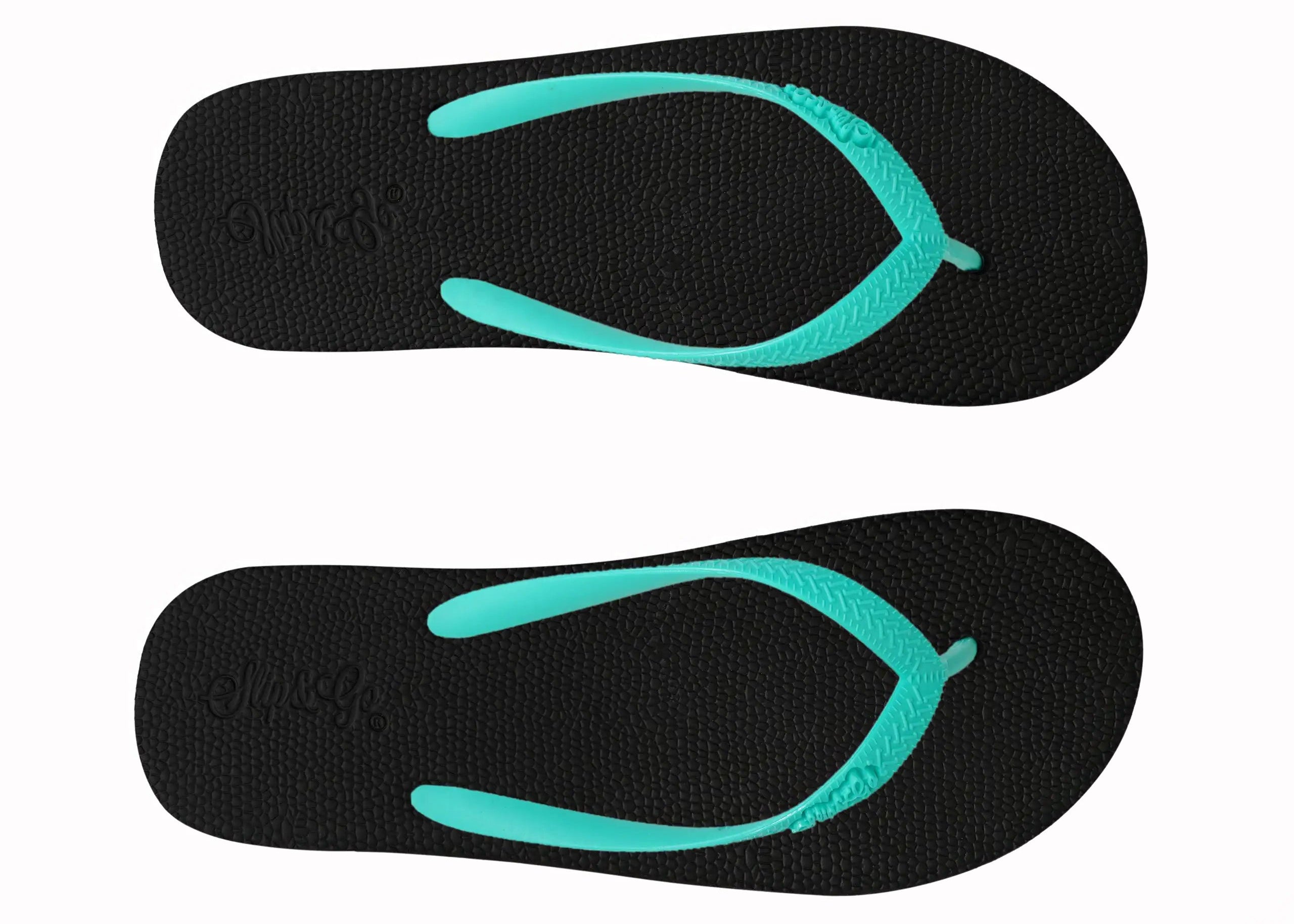 Two black flip-flops with turquoise straps on a white background