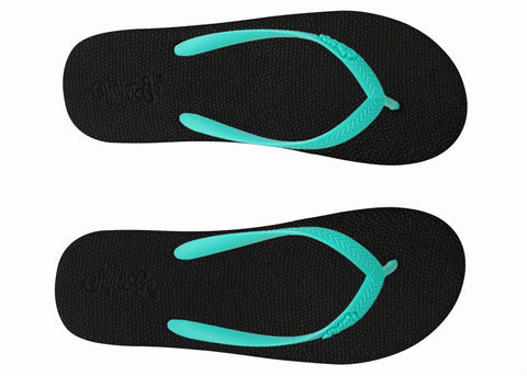 Two black flip-flops with turquoise straps on a white background