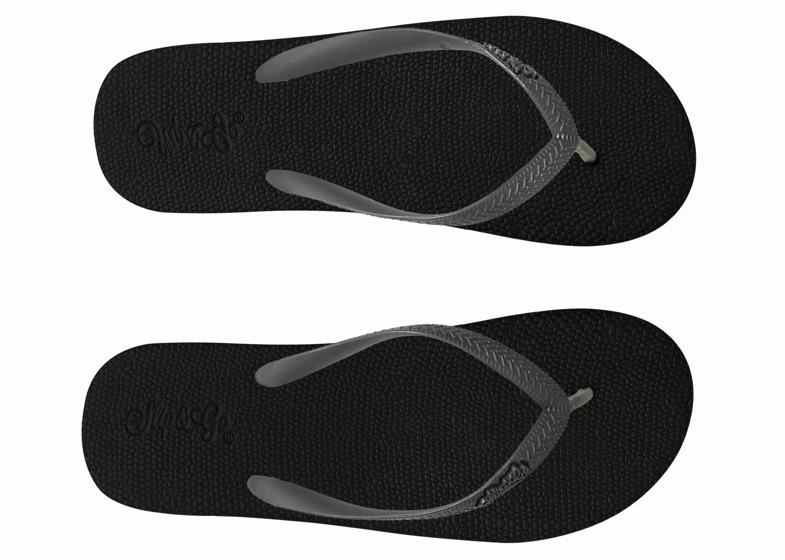 Black flip-flops with gray straps on a white background