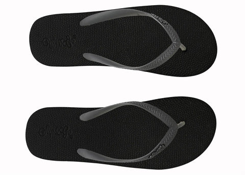 Black flip-flops with gray straps on a white background