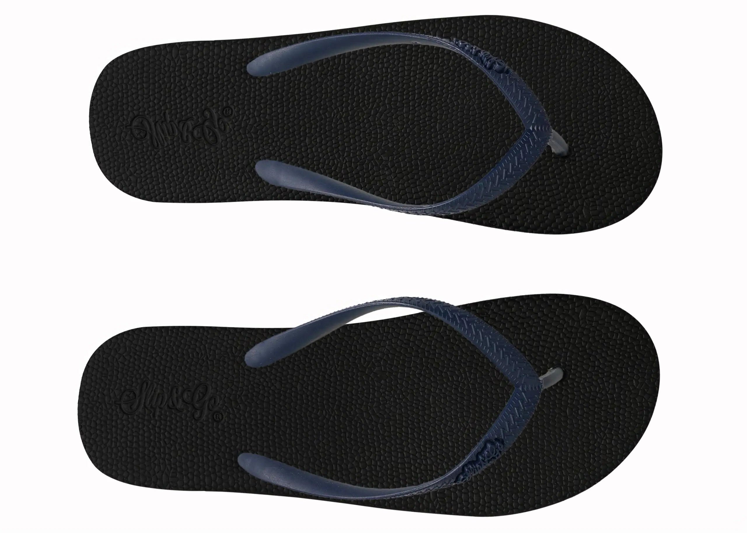 Two black flip-flops with blue straps on a white background