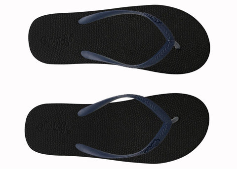 Two black flip-flops with blue straps on a white background